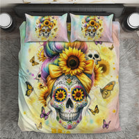 Sunflower skull bedding set: rainbow sugar skull, sunflowers and butterflies on duvet