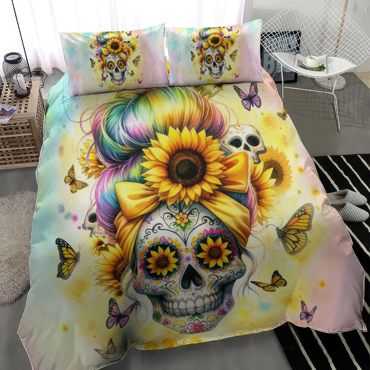 Sunflower skull bedding set close-up: rainbow-haired skull with sunflower and butterfly motifs
