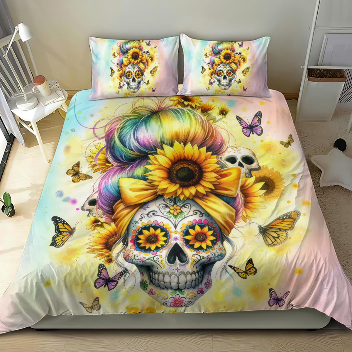 Sunflower skull bedding set with duvet and matching pillowcases, rainbow skull, butterflies