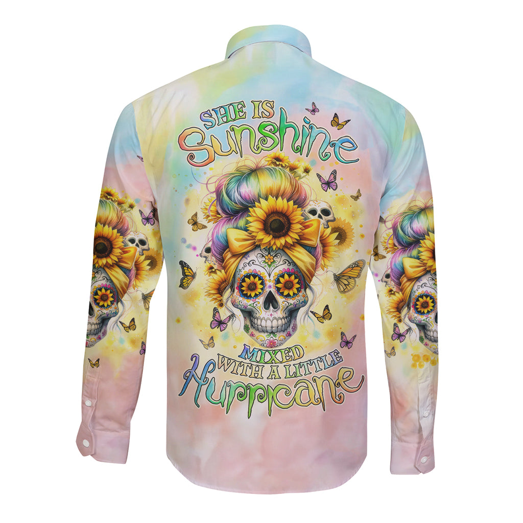 Sunflower Skull Long Sleeve Button Shirt She Is Sunshine Mixed With A Little Hurricane - Wonder Print Shop