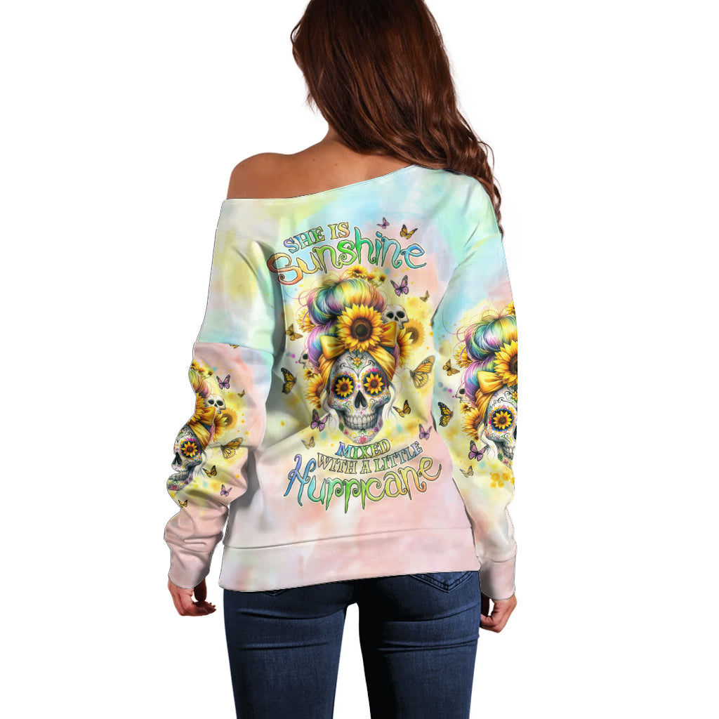 Sunflower Skull Off Shoulder Sweater She Is Sunshine Mixed With A Little Hurricane - Wonder Print Shop