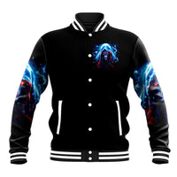 Black baseball jacket with striped rib trim and blue skull head front graphic