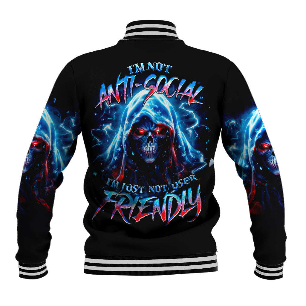 Black baseball jacket with ribbed striped collar and large back skull graphic in blue