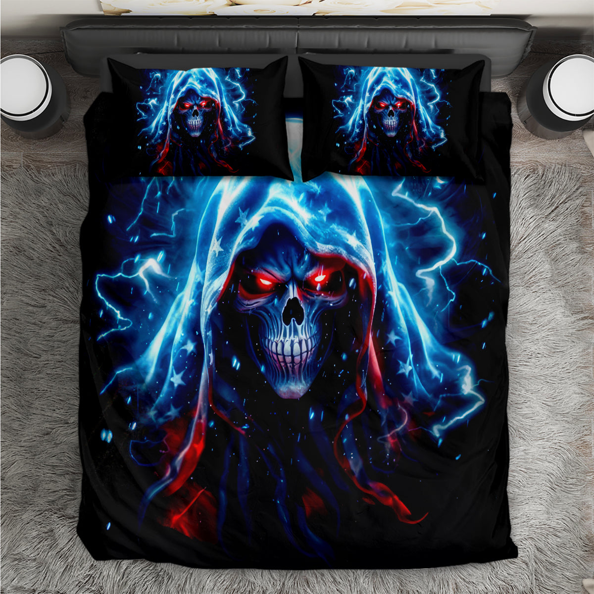 Black bedding set with blue lightning skull graphic, includes 2 matching pillowcases
