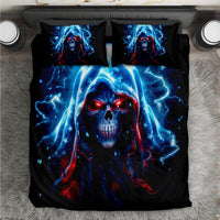 Black bedding set with blue lightning skull graphic, includes 2 matching pillowcases