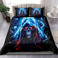 Black bedding set with blue lightning hooded skull artwork on duvet and 2 pillowcases