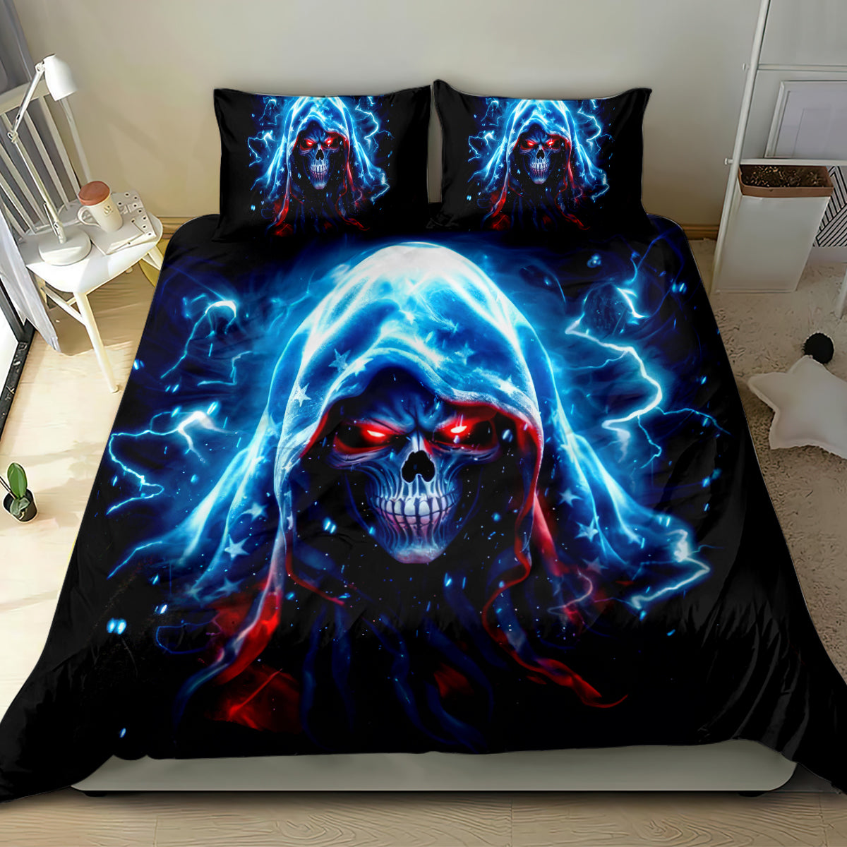 Black bedding set featuring blue lightning hooded skull artwork on duvet and 2 pillowcases