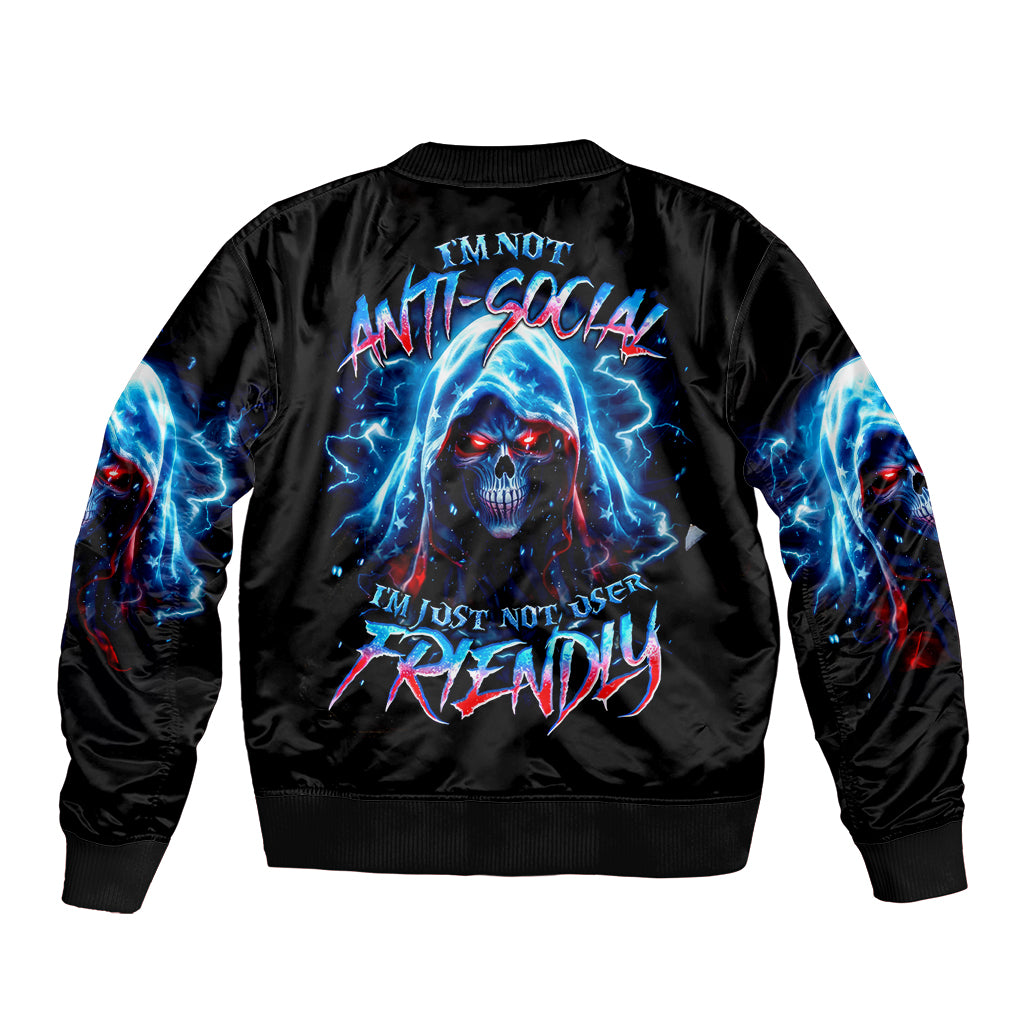 Black bomber jacket with blue thunder skull graphic on back, ribbed cuffs and hem