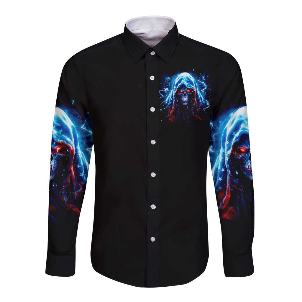 Unisex black long-sleeve button shirt, chest skull graphic with blue flame sleeve art