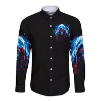 Unisex black long-sleeve button shirt, chest skull graphic with blue flame sleeve art