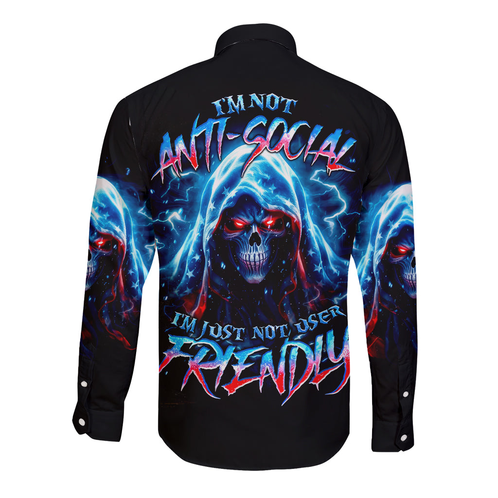 Unisex black long-sleeve button shirt, skull lightning back graphic and message