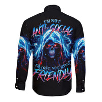 Unisex black long-sleeve button shirt, skull lightning back graphic and message