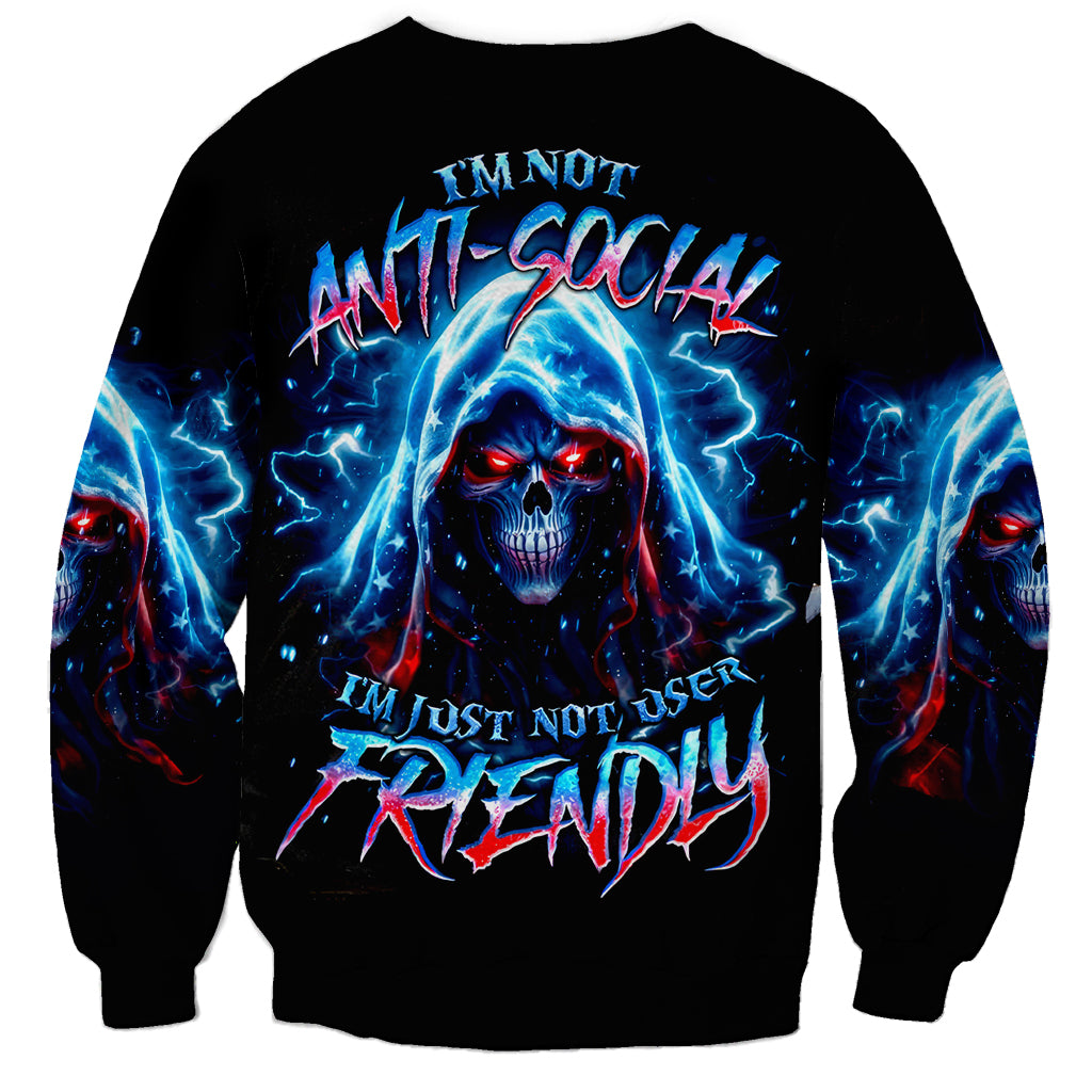 Black unisex sweatshirt with large blue skull lightning graphic front