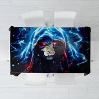 Black tablecloth with blue lightning skull graphic, rounded corners and hem.
