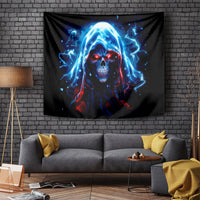 Black tapestry with blue glowing hooded skull graphic centered