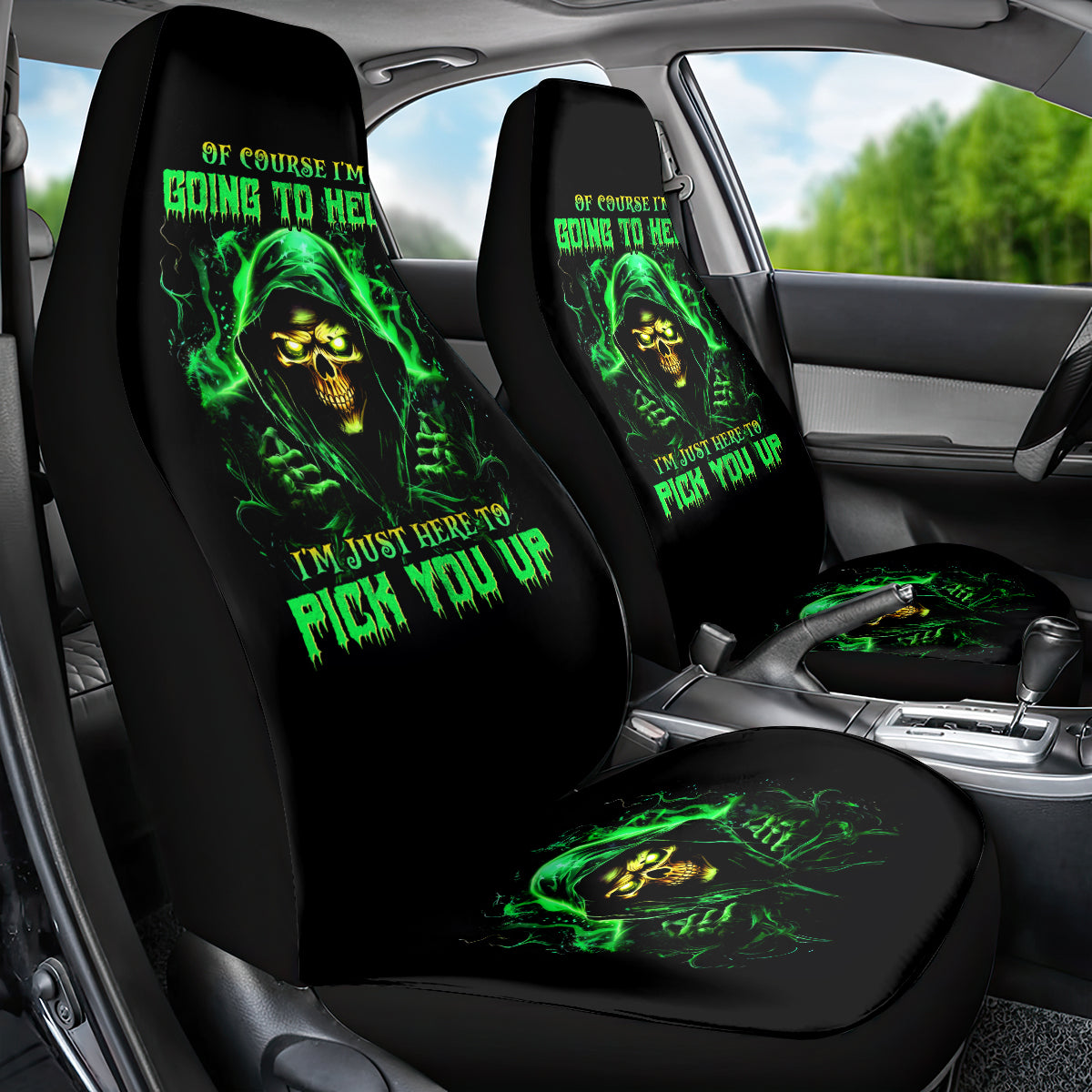 Flame Skull Car Seat Cover Of Course I'm Going To Hell I'm Just Here To Pick You Up - Wonder Print Shop