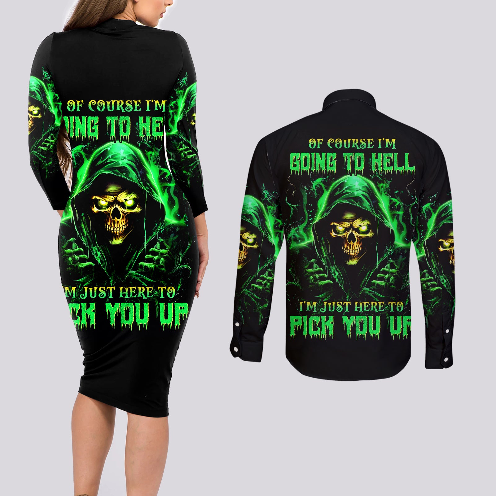 Flame Skull Couples Matching Long Sleeve Bodycon Dress and Long Sleeve Button Shirt Of Course I'm Going To Hell I'm Just Here To Pick You Up - Wonder Print Shop