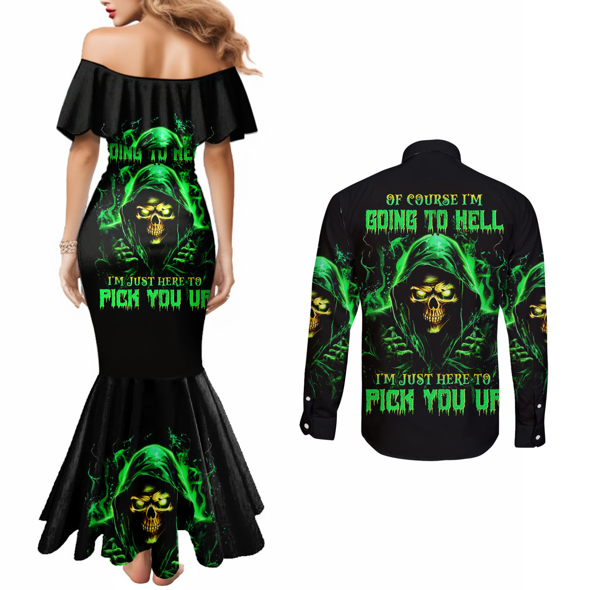 Flame Skull Couples Matching Mermaid Dress and Long Sleeve Button Shirt Of Course I'm Going To Hell I'm Just Here To Pick You Up