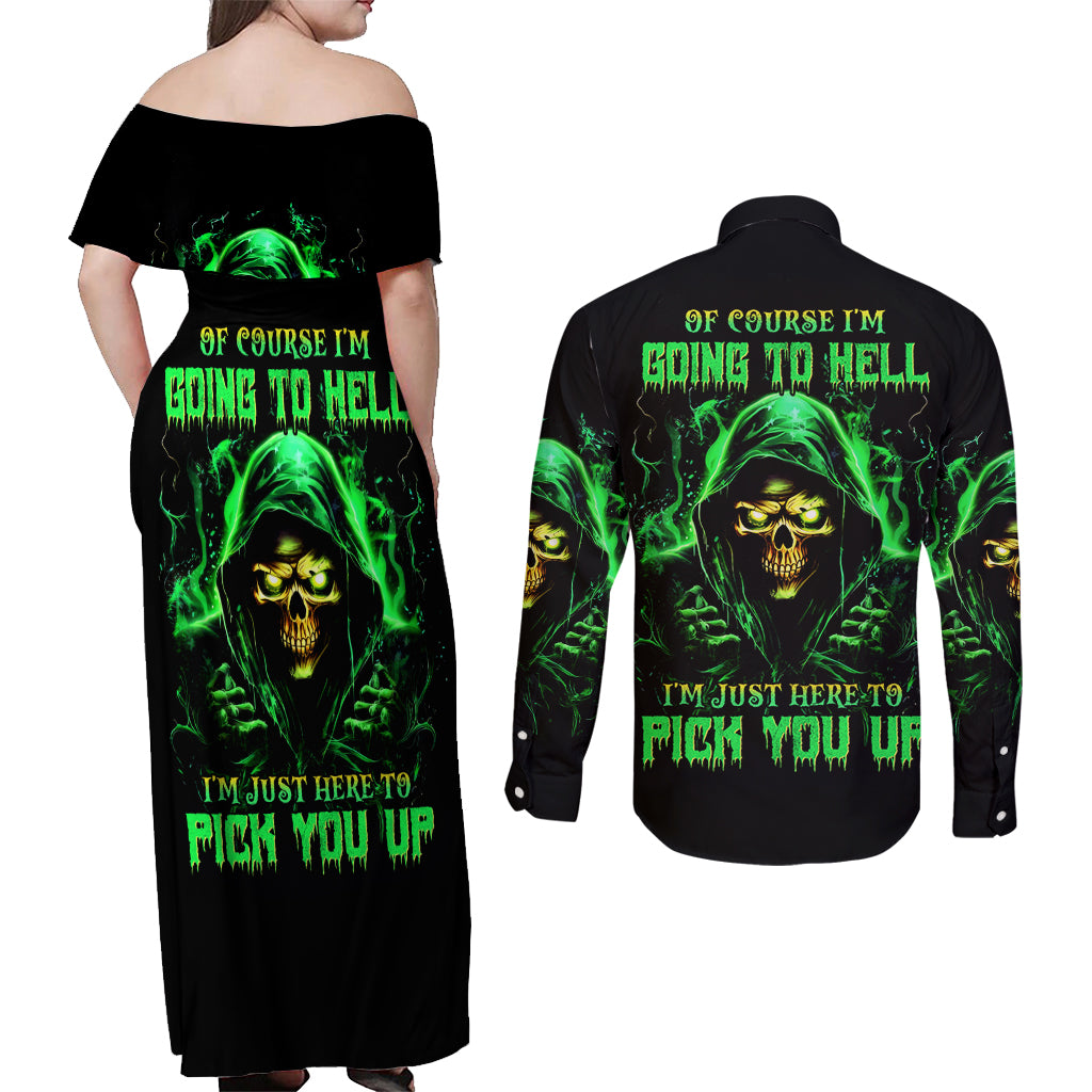 Flame Skull Couples Matching Off Shoulder Maxi Dress and Long Sleeve Button Shirt Of Course I'm Going To Hell I'm Just Here To Pick You Up - Wonder Print Shop