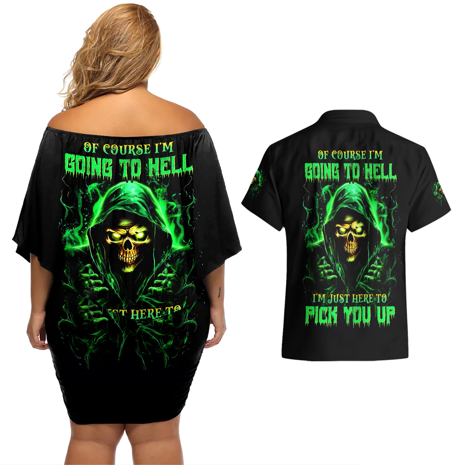 Flame Skull Couples Matching Off Shoulder Short Dress and Hawaiian Shirt Of Course I'm Going To Hell I'm Just Here To Pick You Up - Wonder Print Shop