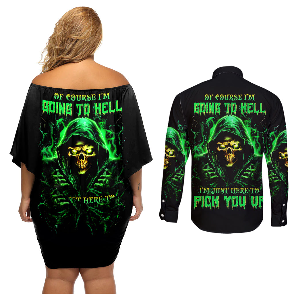 Flame Skull Couples Matching Off Shoulder Short Dress and Long Sleeve Button Shirt Of Course I'm Going To Hell I'm Just Here To Pick You Up - Wonder Print Shop