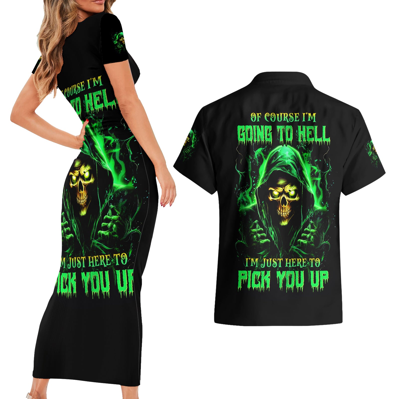 Flame Skull Couples Matching Short Sleeve Bodycon Dress and Hawaiian Shirt Of Course I'm Going To Hell I'm Just Here To Pick You Up - Wonder Print Shop