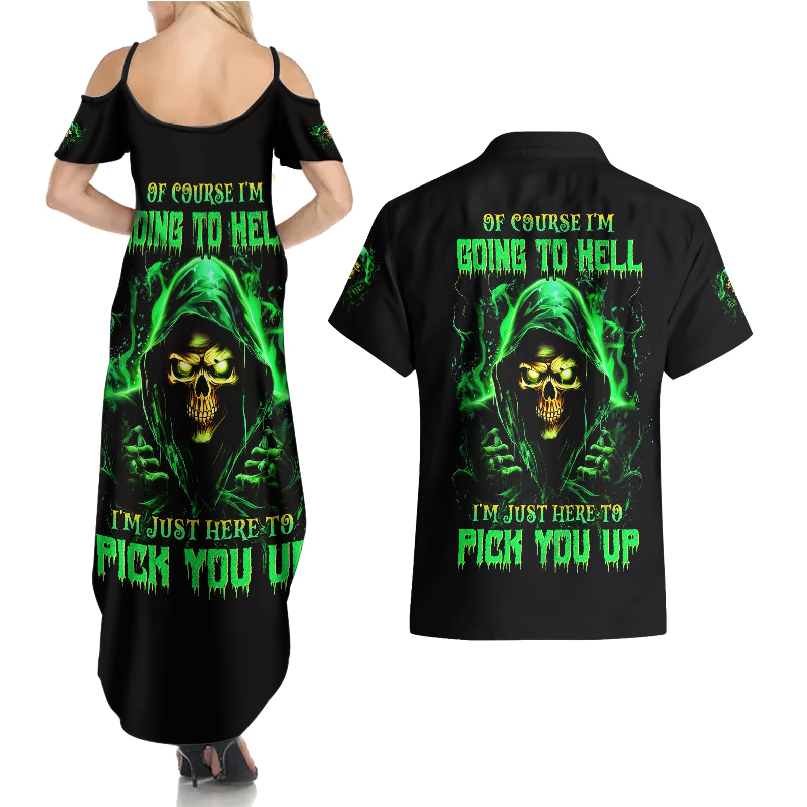 Flame Skull Couples Matching Summer Maxi Dress and Hawaiian Shirt Of Course I'm Going To Hell I'm Just Here To Pick You Up - Wonder Print Shop