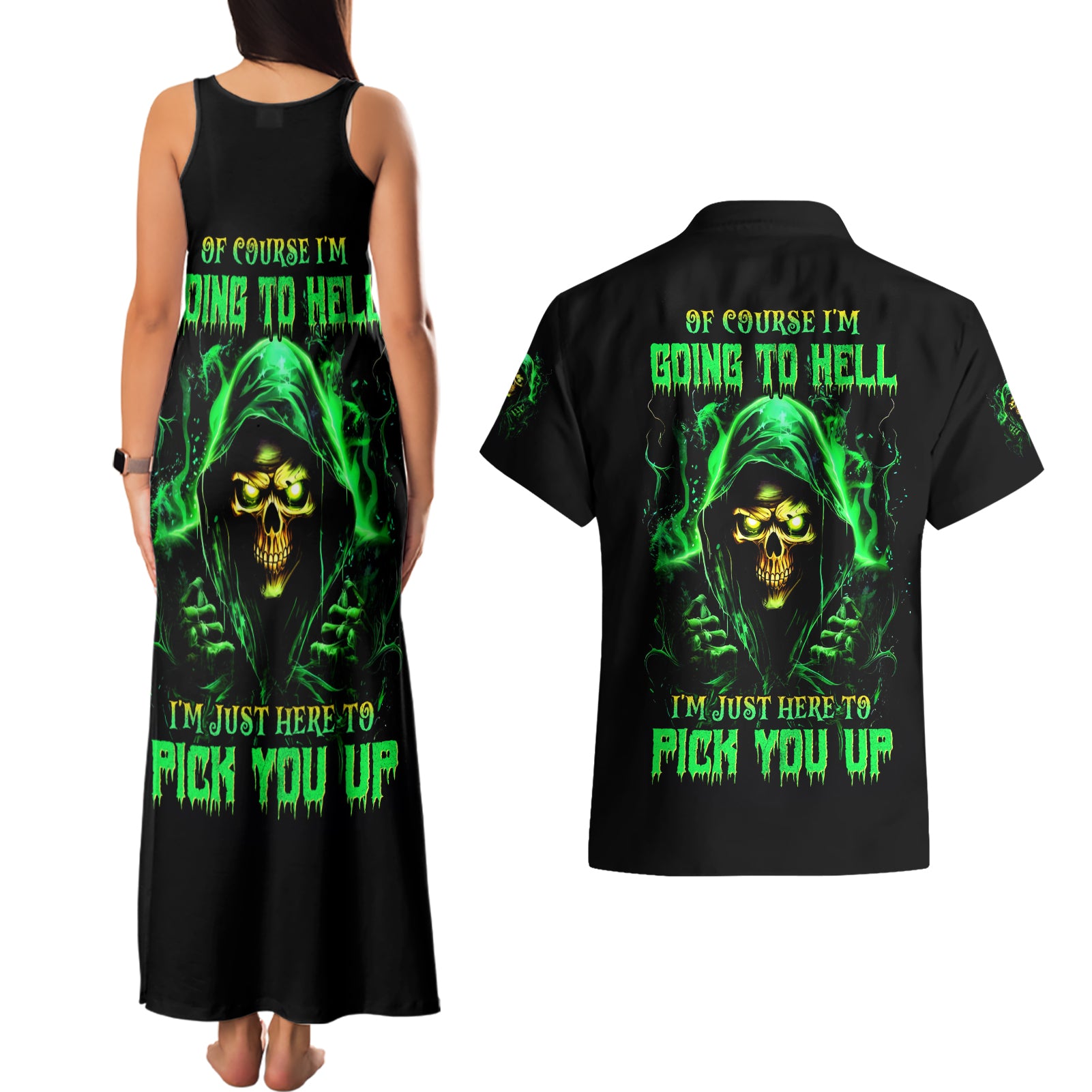 Flame Skull Couples Matching Tank Maxi Dress and Hawaiian Shirt Of Course I'm Going To Hell I'm Just Here To Pick You Up - Wonder Print Shop