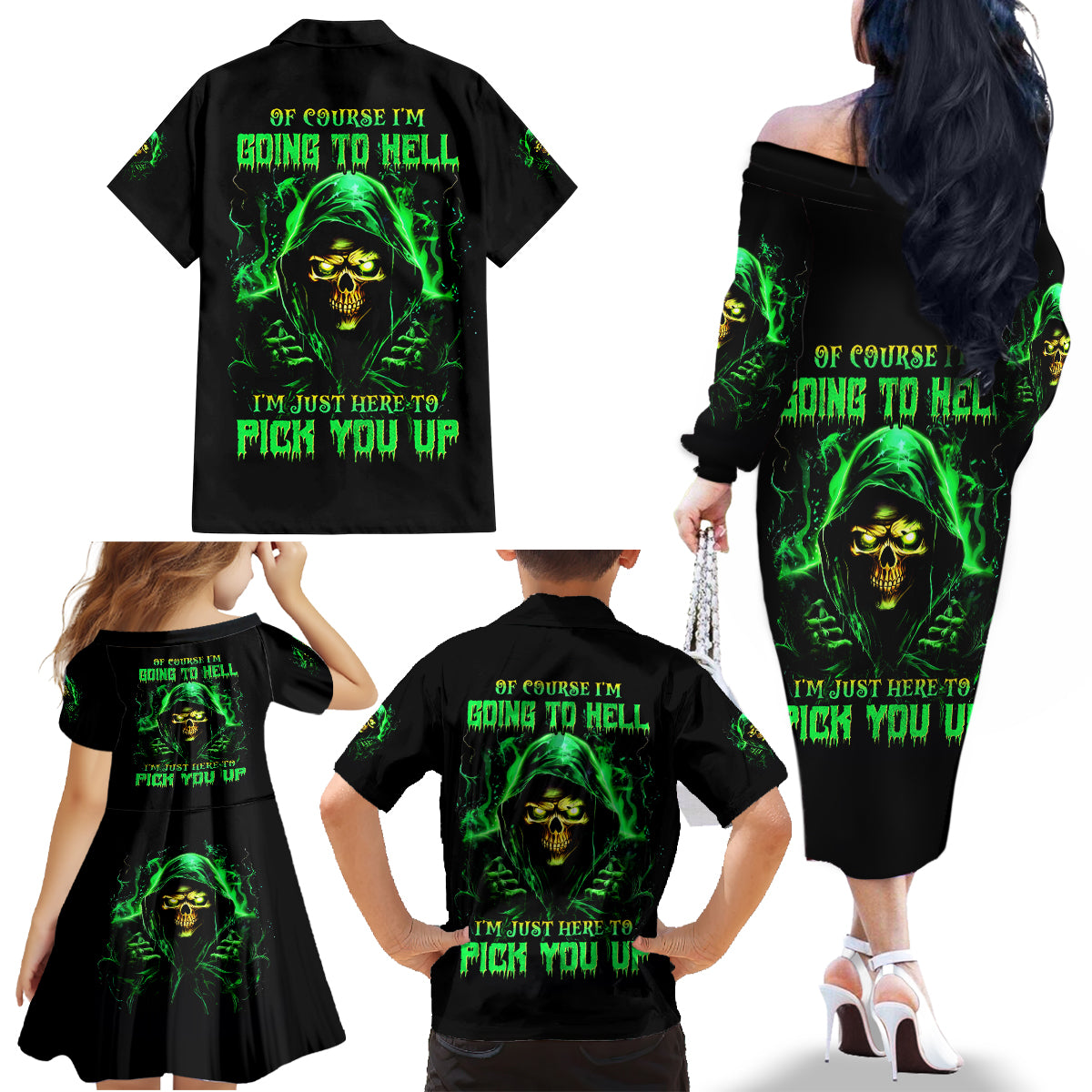 Flame Skull Family Matching Off Shoulder Long Sleeve Dress and Hawaiian Shirt Of Course I'm Going To Hell I'm Just Here To Pick You Up - Wonder Print Shop