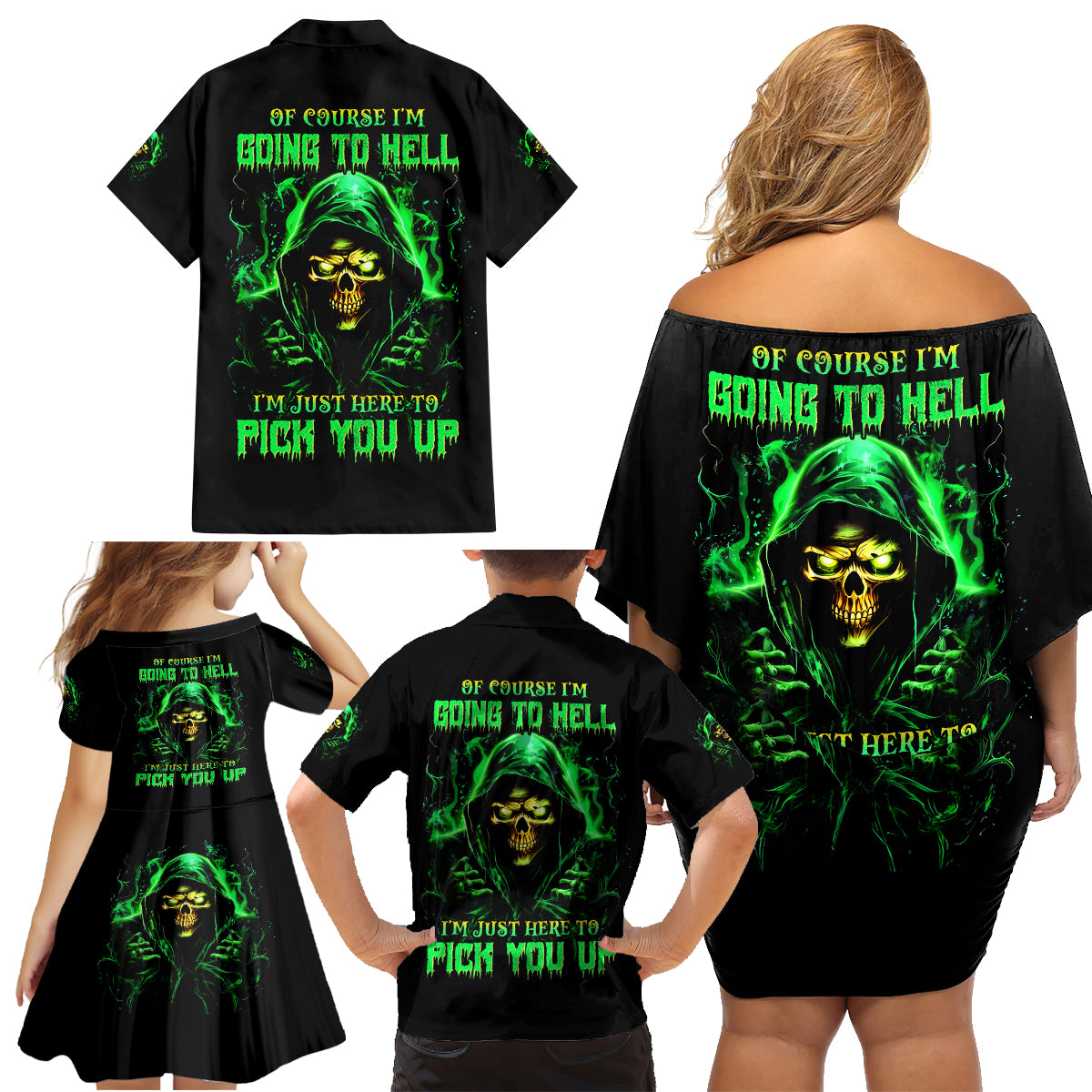 Flame Skull Family Matching Off Shoulder Short Dress and Hawaiian Shirt Of Course I'm Going To Hell I'm Just Here To Pick You Up - Wonder Print Shop