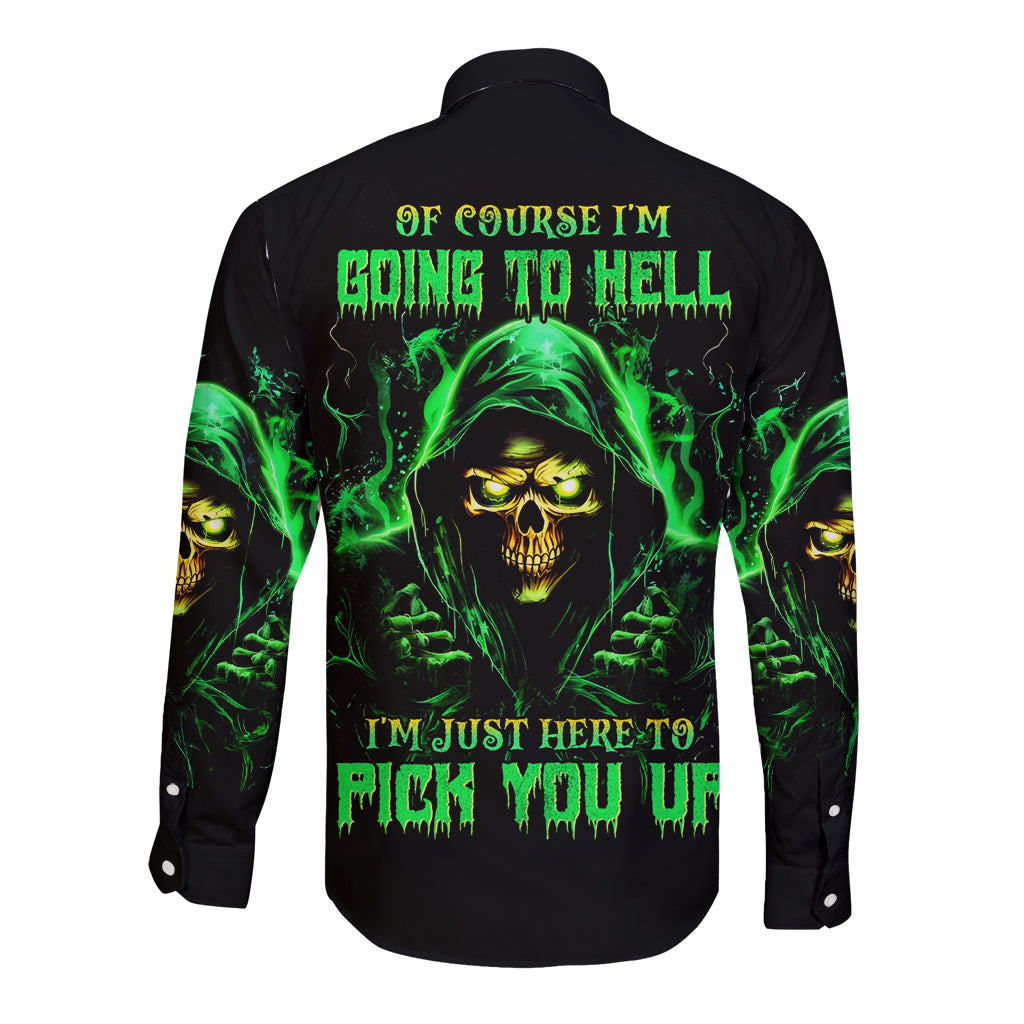 Flame Skull Long Sleeve Button Shirt Of Course I'm Going To Hell I'm Just Here To Pick You Up - Wonder Print Shop