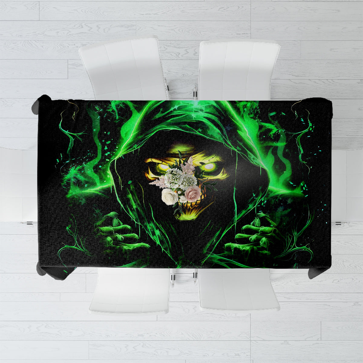 Black skull tablecloth with neon green flame artwork, rectangular