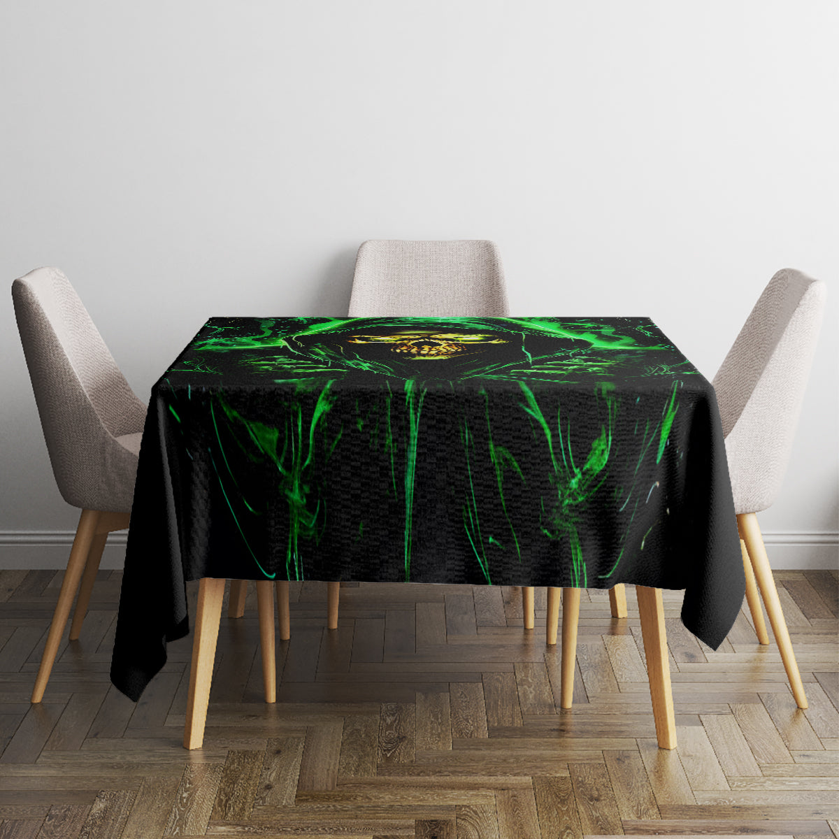 Black rectangular tablecloth with neon green flame skull illustration on tabletop