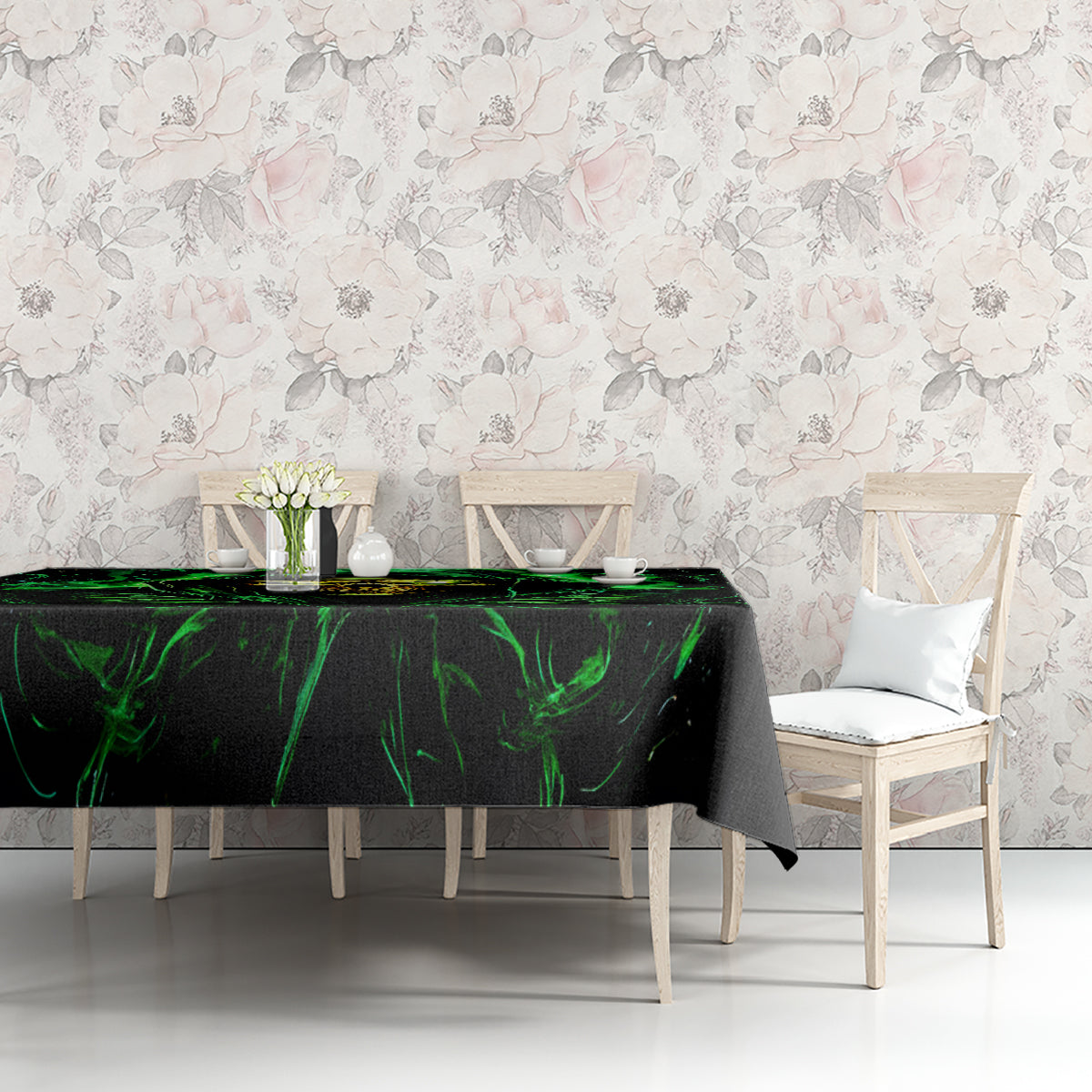 Black tablecloth with neon green flame skull artwork across dining table