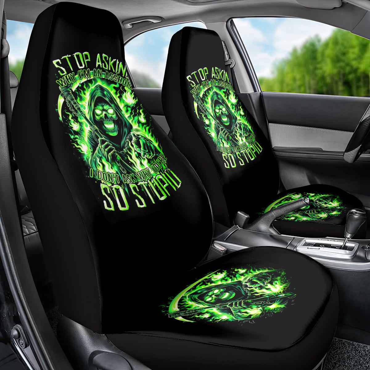 Flame Reaper Skull Car Seat Cover Stop Asking Why I'm An Asshole I Don't Ask Why You So Stupid - Wonder Print Shop