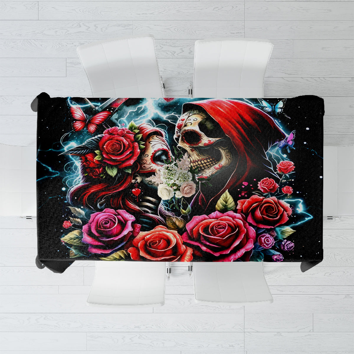 Black tablecloth with skull couple and red rose floral graphic