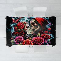 Black tablecloth with skull couple and red rose floral graphic