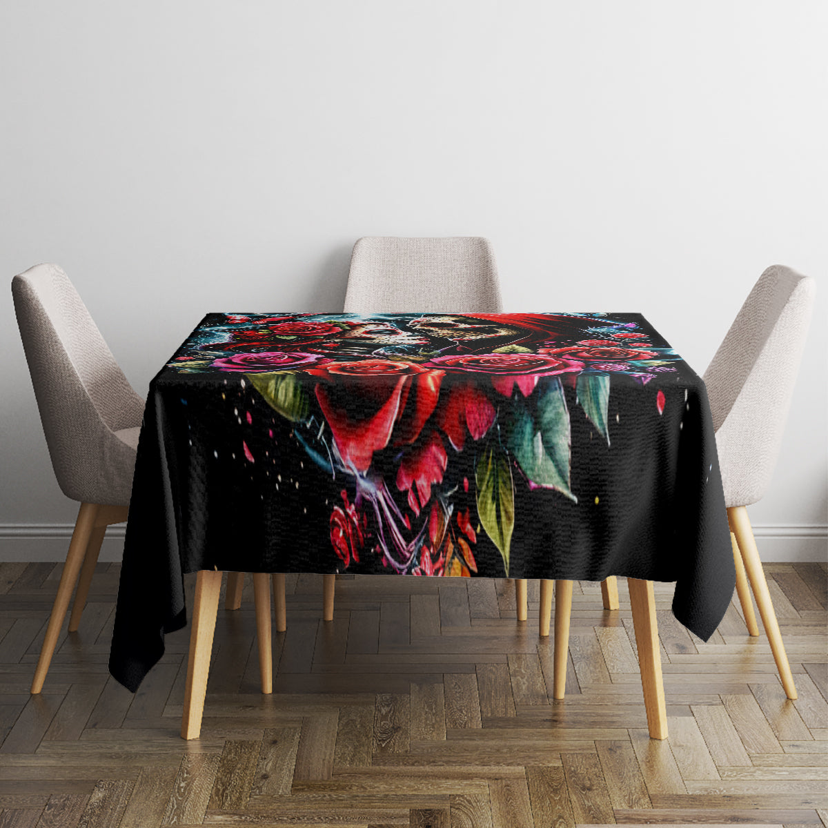 Black rectangular tablecloth with skull and rose artwork