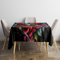 Black rectangular tablecloth with skull and rose artwork