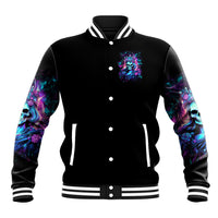 Black baseball jacket with front button placket and small blue skull graphic, striped cuffs