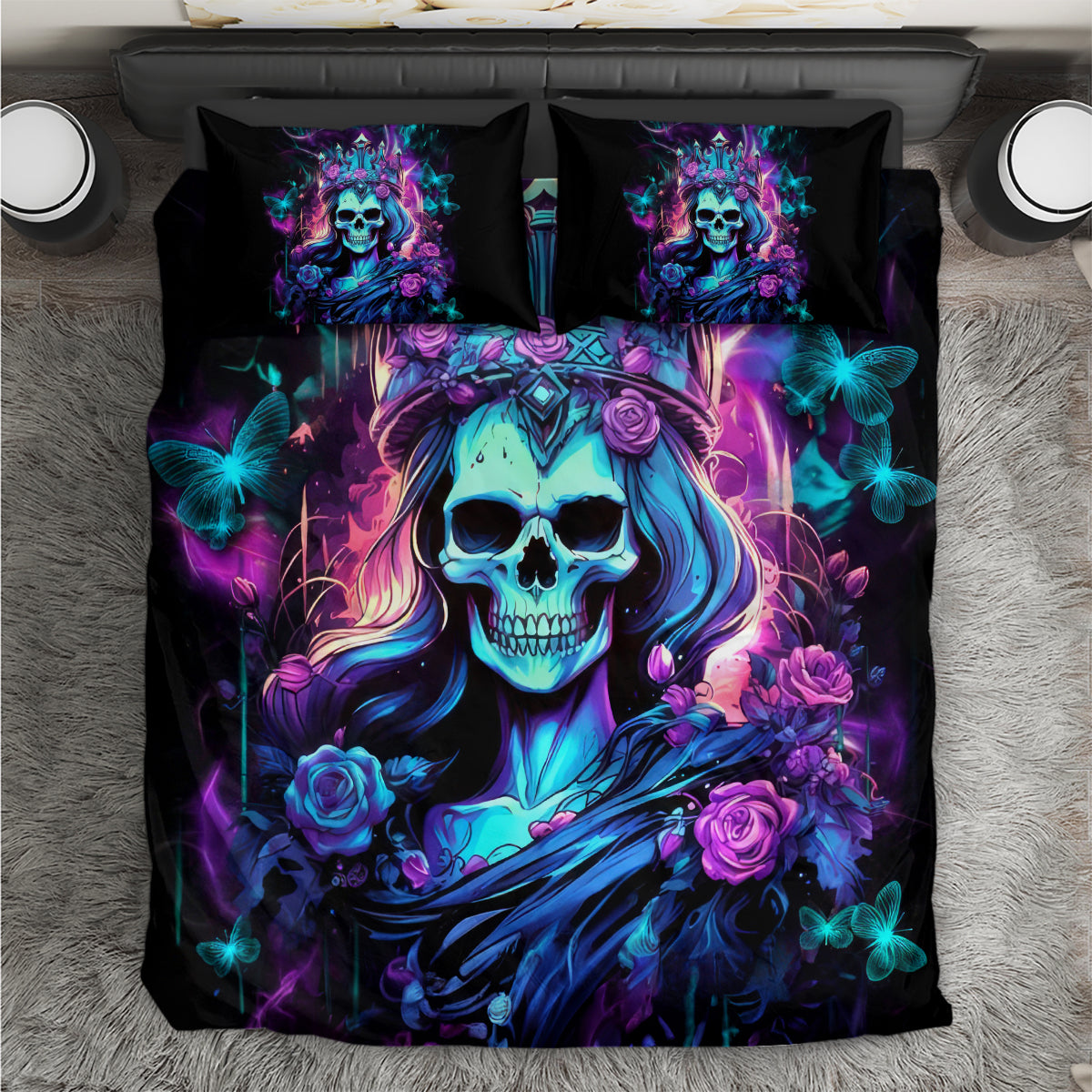 Black queen skull bedding set with colorful gothic artwork and two matching pillowcases