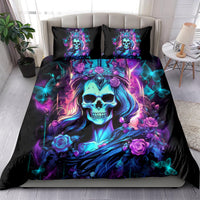 Black queen skull duvet set with two pillowcases featuring skull, roses, and butterflies