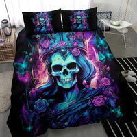 Black queen skull duvet set with two pillowcases featuring blue-violet skull artwork