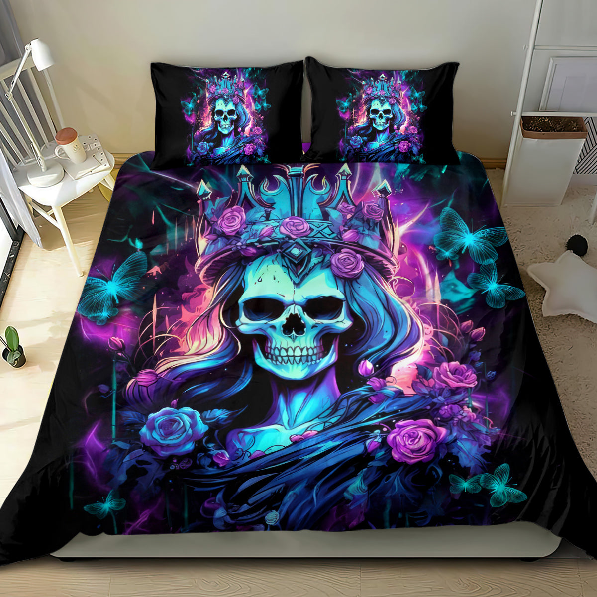 Black queen skull bedding set with two pillowcases and a large central skull graphic