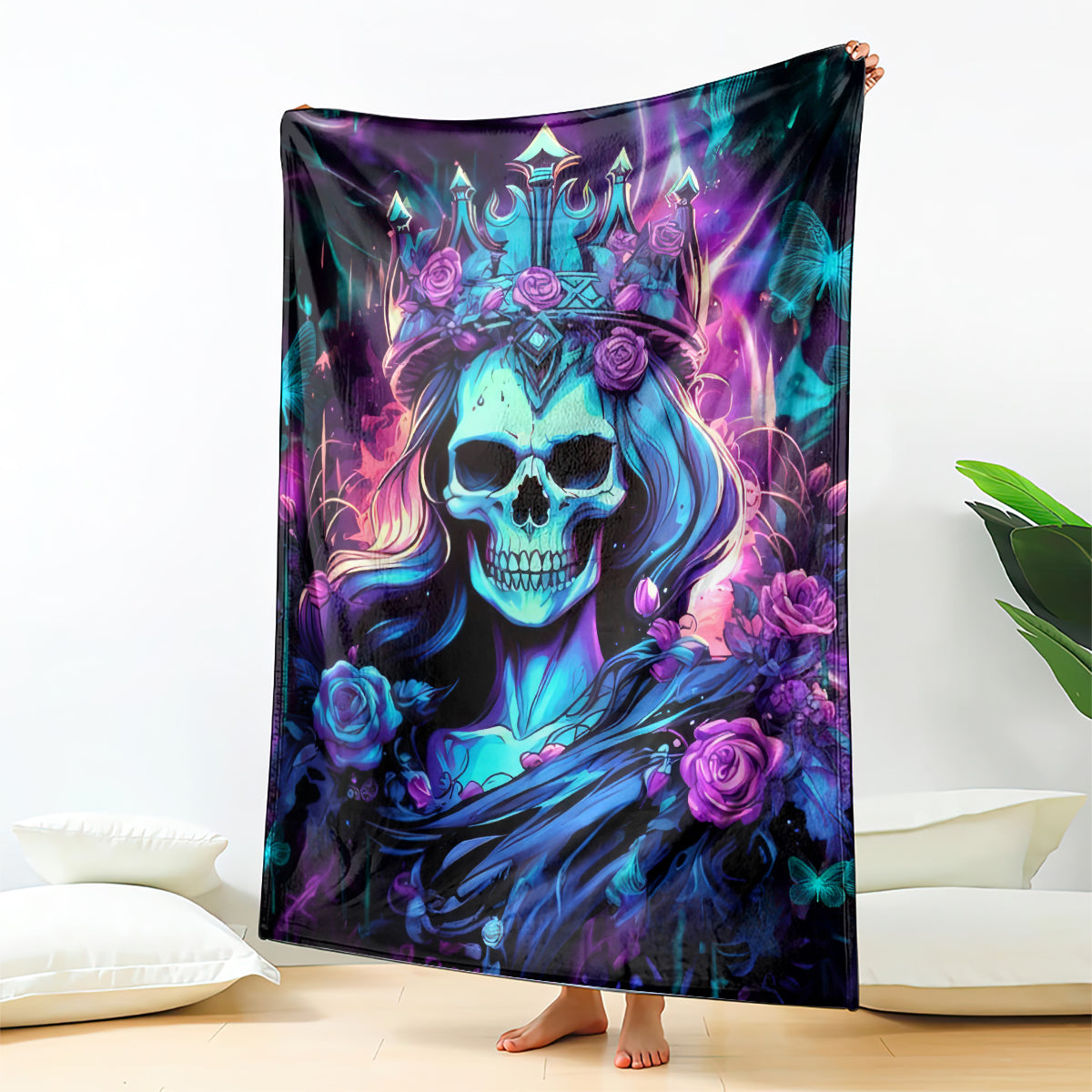 Queen skull fleece blanket featuring blue skull face and purple roses, vivid multicolor design