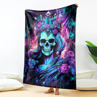 Queen skull fleece blanket featuring blue skull face and purple roses, vivid multicolor design