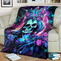 Fantasy queen skull blanket with blue glow skull, purple roses, and ornate crown graphic
