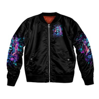 Black bomber jacket with front zipper and small colorful skull-and-flowers graphic