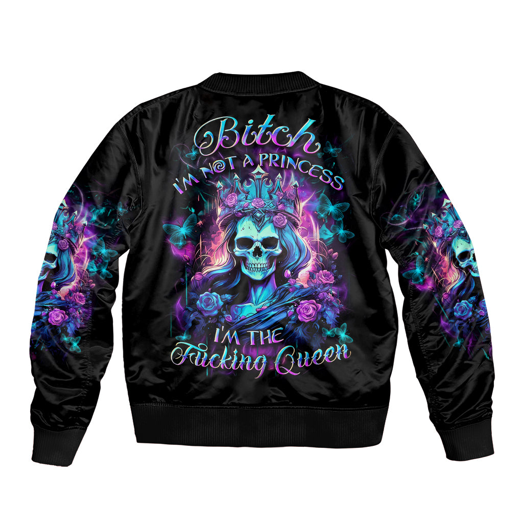 Black bomber jacket with back skull graphic and colorful 'Bitch' 'Queen' text