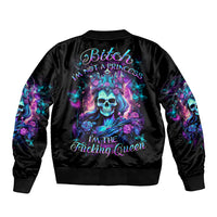 Black bomber jacket with back skull graphic and colorful 'Bitch' 'Queen' text